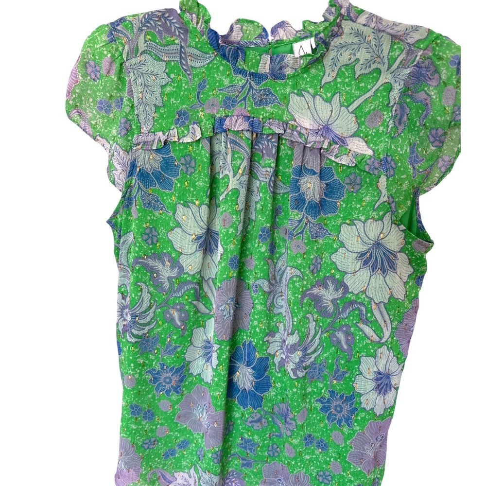 Joie Floral Cap Sleeve Blouse green, blue, lavender print ruffle details L Lined